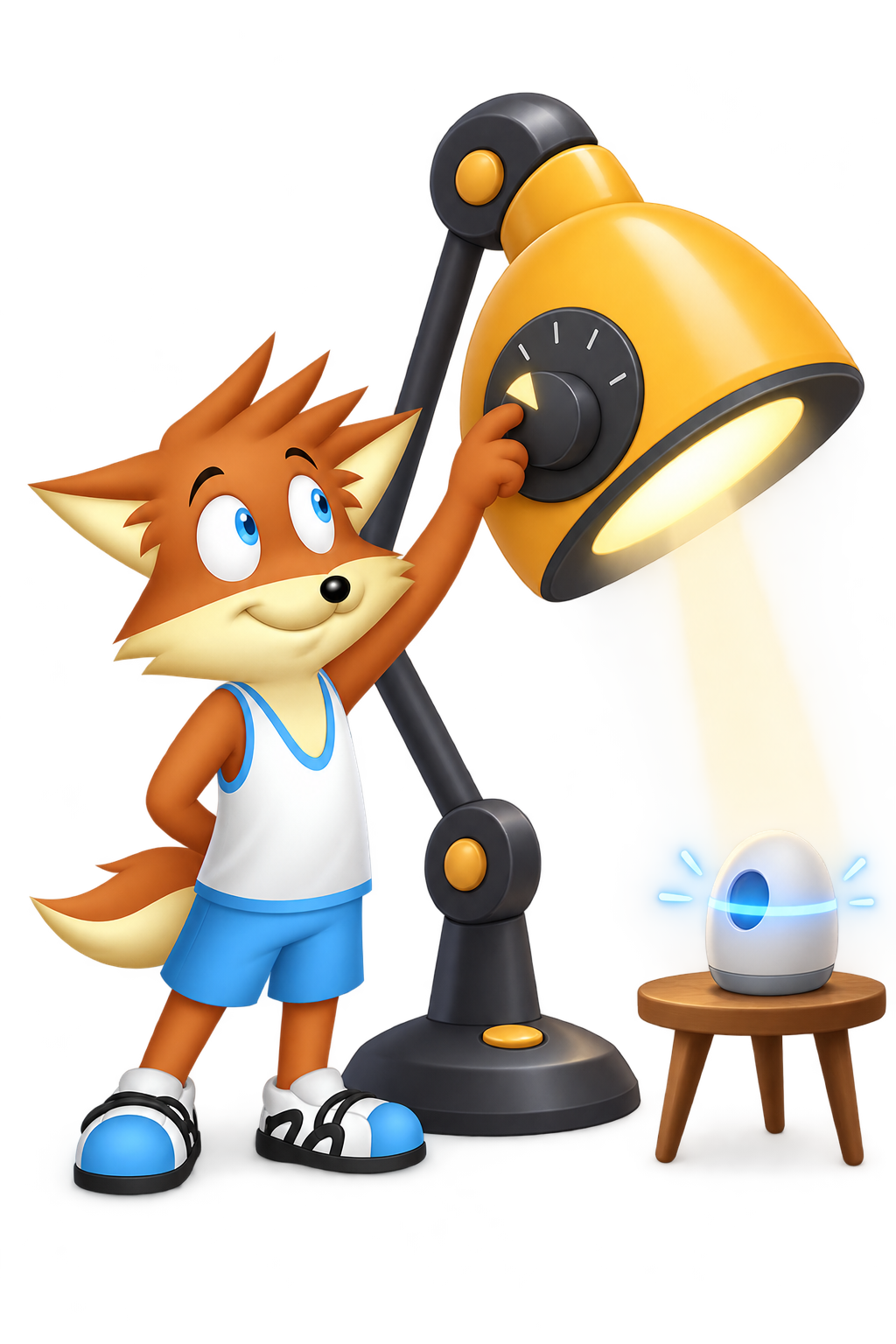 The mascot turns down an oversized lamp's dimmer beside a receiver with a small blue band of light.