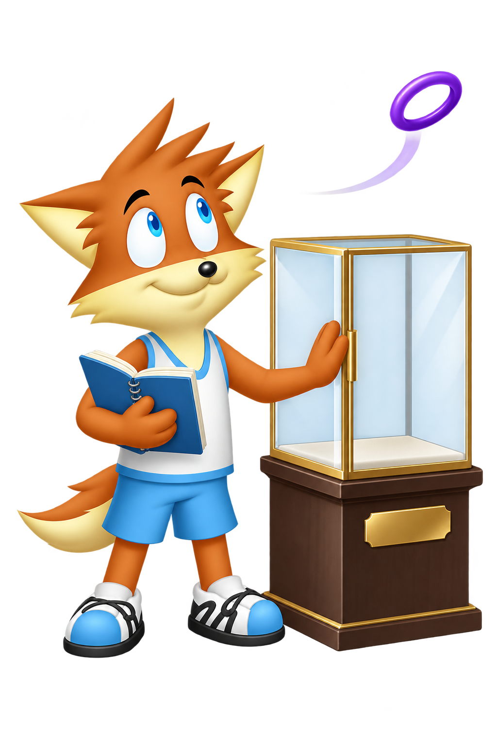 The mascot closes an empty glass case while holding notes as a violet ring moves away.