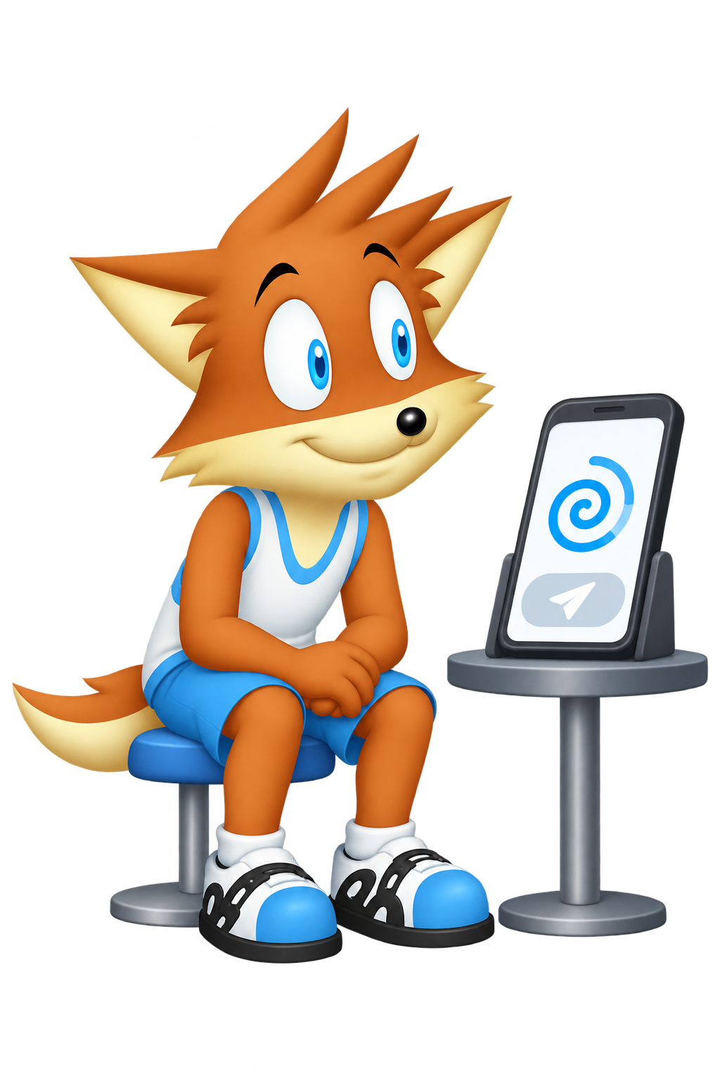 The mascot watches a blue spiral on a receiver with his hands resting together away from its button.