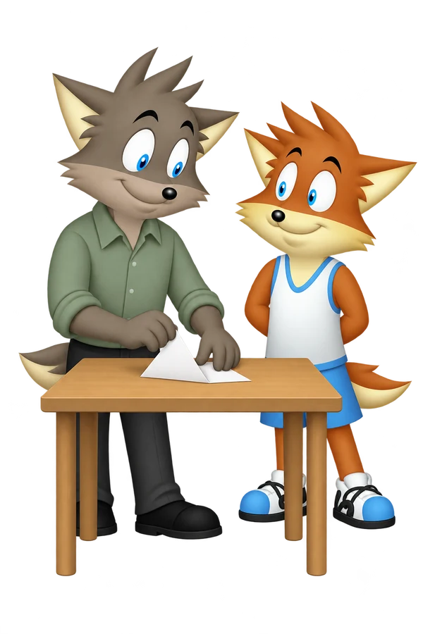 The gray adult folds paper on a table while the orange adult listens with hands behind its back.