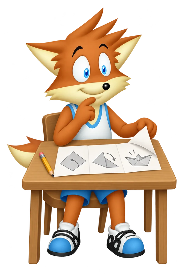 The orange adult lifts a folded corner of an instruction leaflet to reveal the last paper-fold diagram.