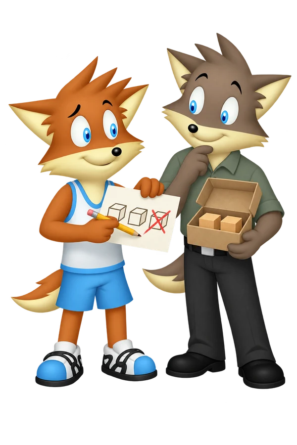 The orange adult crosses out the third cube on a label while the gray adult holds an open box containing two wooden blocks.