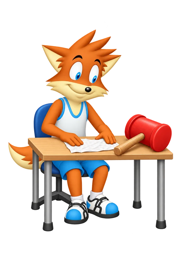 The orange mascot smooths a crumpled draft on a desk; a large red rubber hammer rests unused beside it.