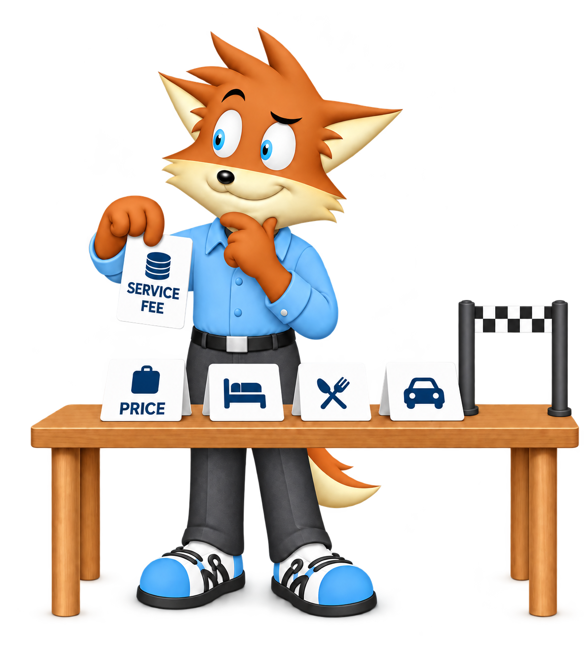 An orange worker brings a service fee card beside the initial price card; a small finish arch stands at the far end of the booking sequence.