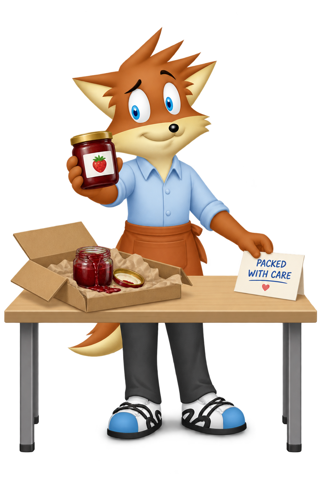 An orange packer offers a replacement jam jar beside a leaking returned jar and a Packed With Care card.