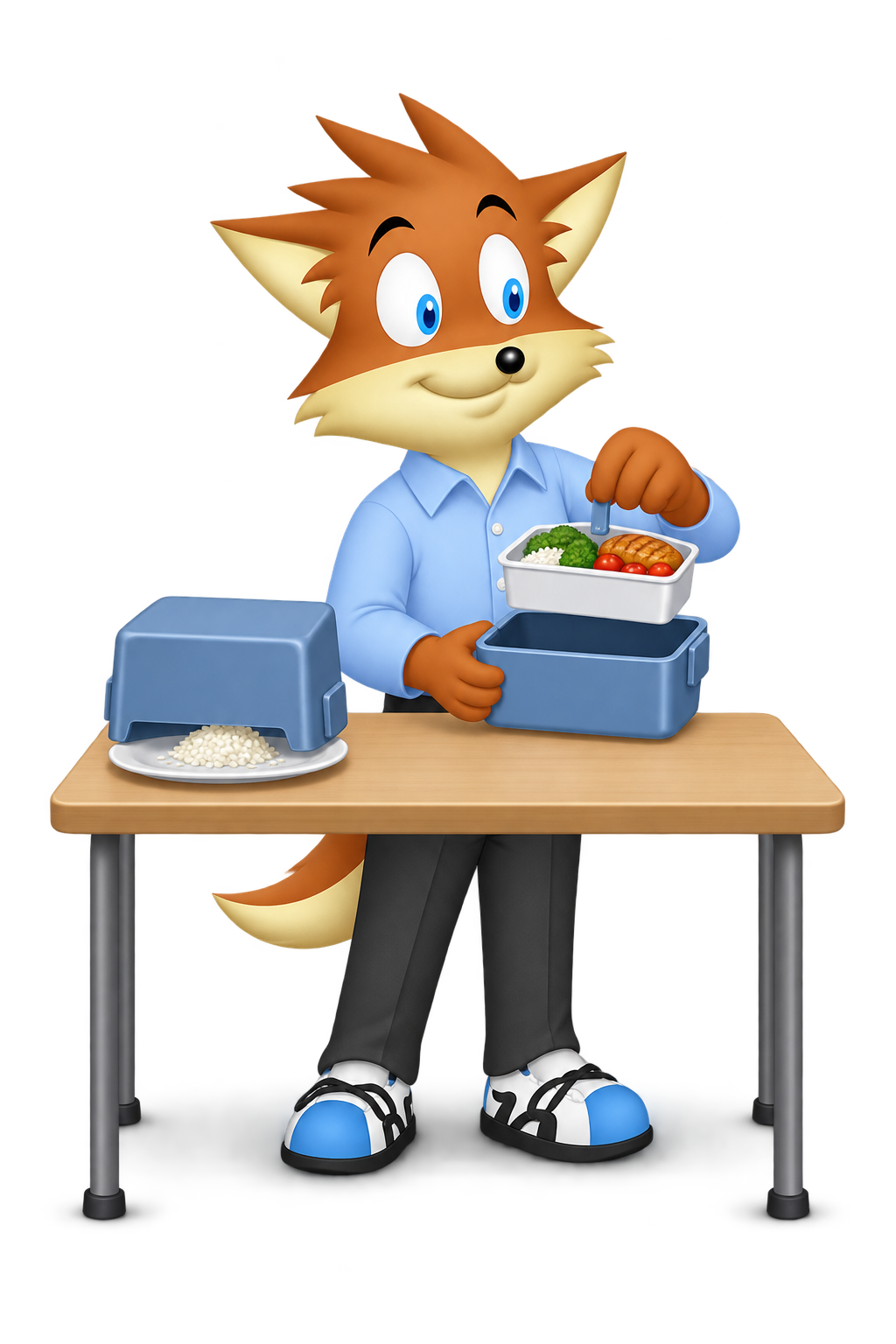 An orange product worker lifts a food tray cleanly from a revised lunch carrier beside an earlier carrier turned upside down over a plate.