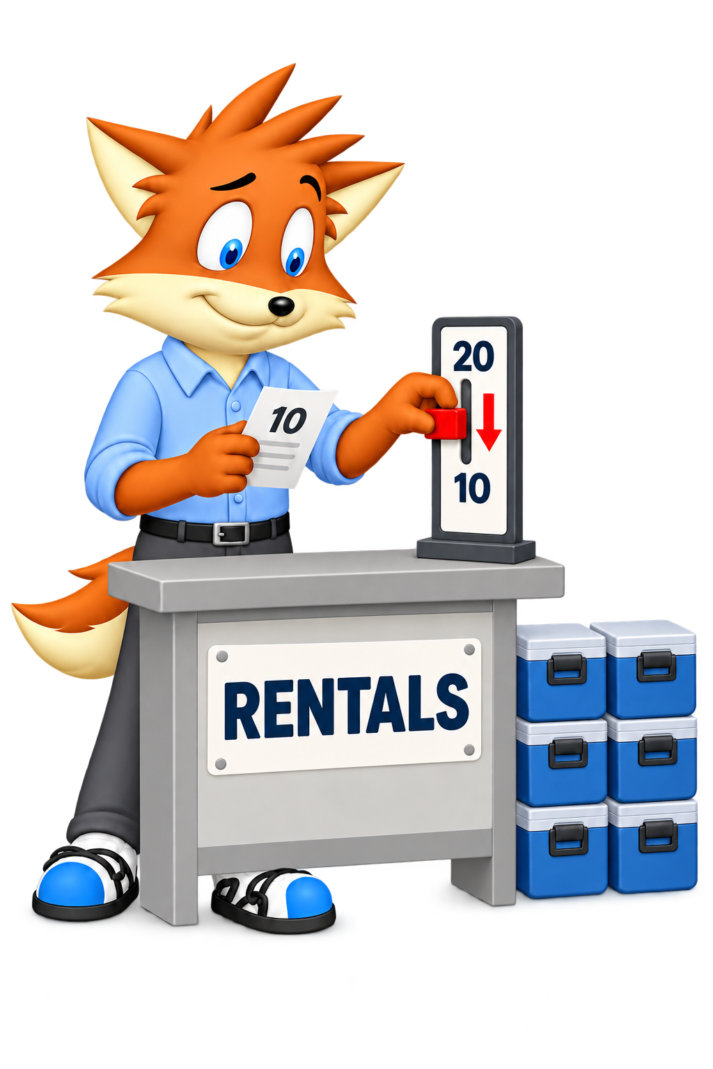An orange supplier lowers a price marker toward 10 while holding a cost slip showing 10; six rental crates stand nearby.