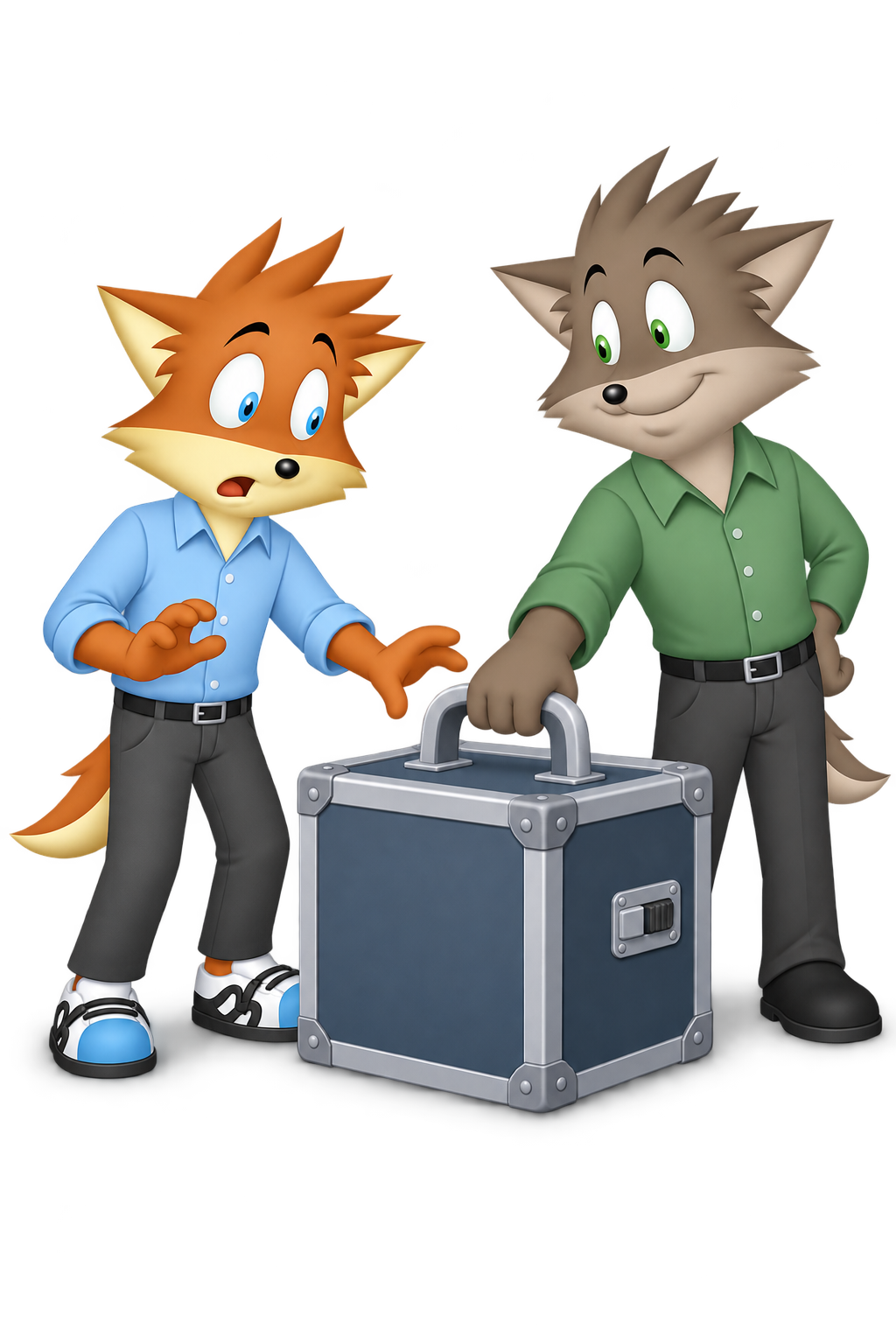 An orange maker reaches toward a case handle as a grey tester pulls it; a small sliding latch remains untouched.