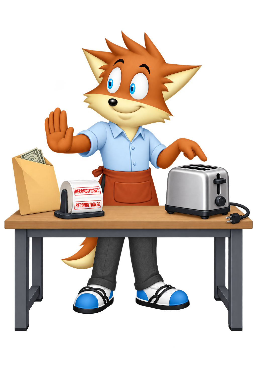 An orange repair worker declines a money envelope and indicates an unplugged toaster beside unused Reconditioned labels.