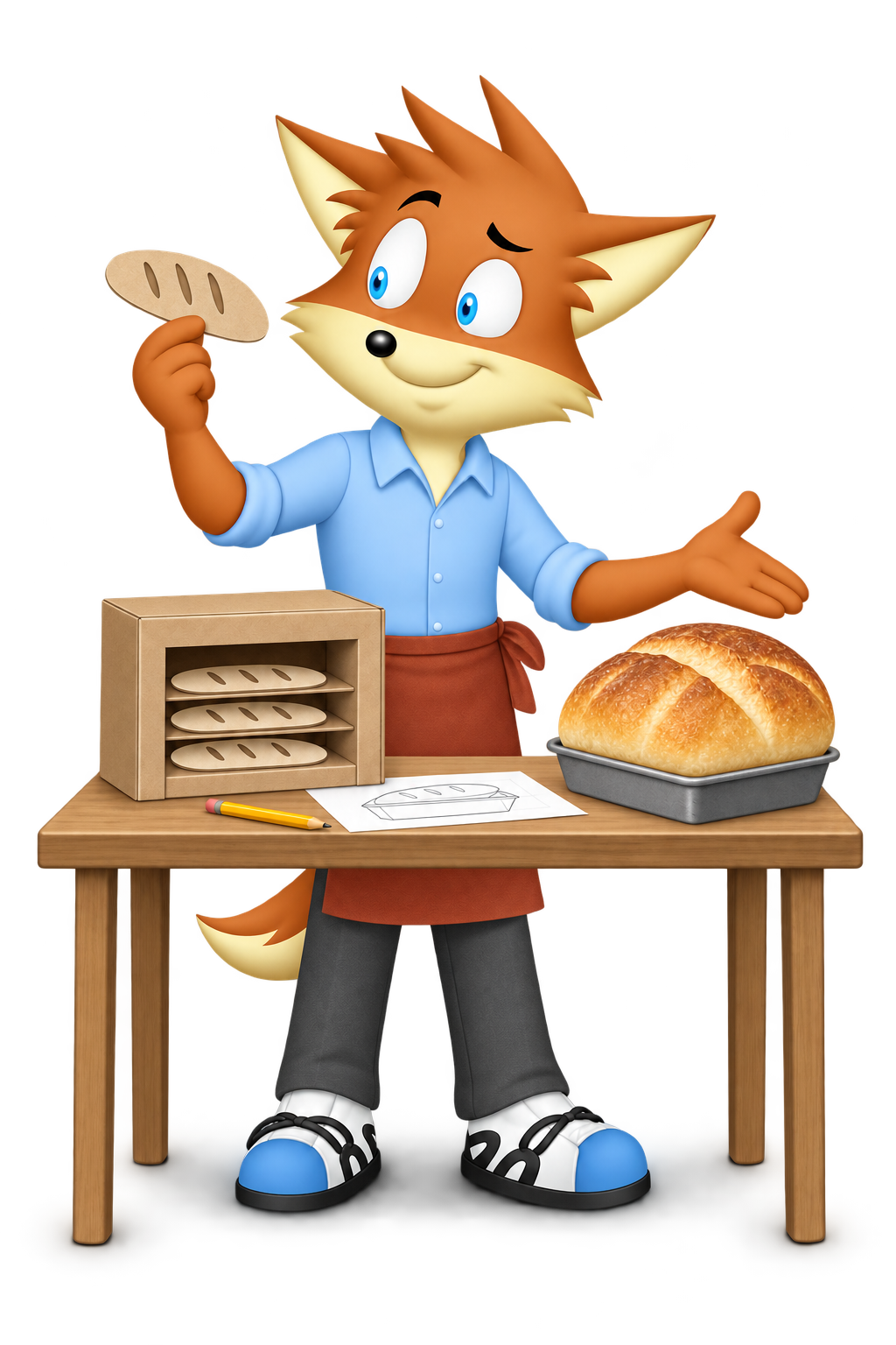 An orange baker compares a thin paper loaf and cardboard oven model with a large risen loaf.