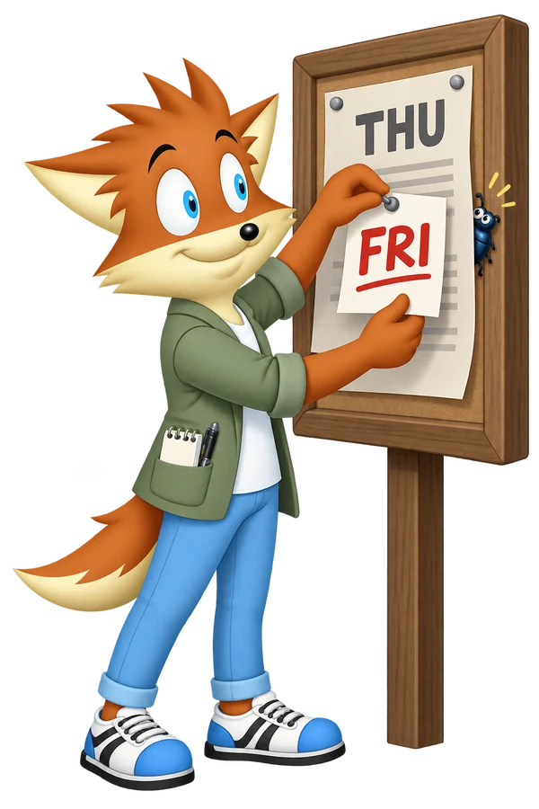 The orange reporter pins a FRI correction below the original THU heading on a noticeboard while a small blue beetle peeps around the board's edge.