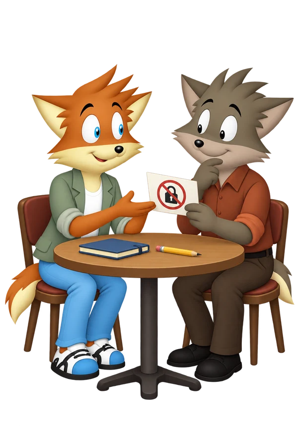Two adults sit across a small table with a closed blue notebook and a resting pencil. The orange reporter gestures toward a card with a crossed-out padlock held by the grey-brown companion.