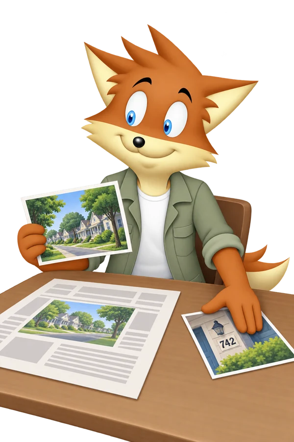 At a layout table, the orange reporter holds a street photograph beside a second photograph with a prominent house number, choosing between views for the page.