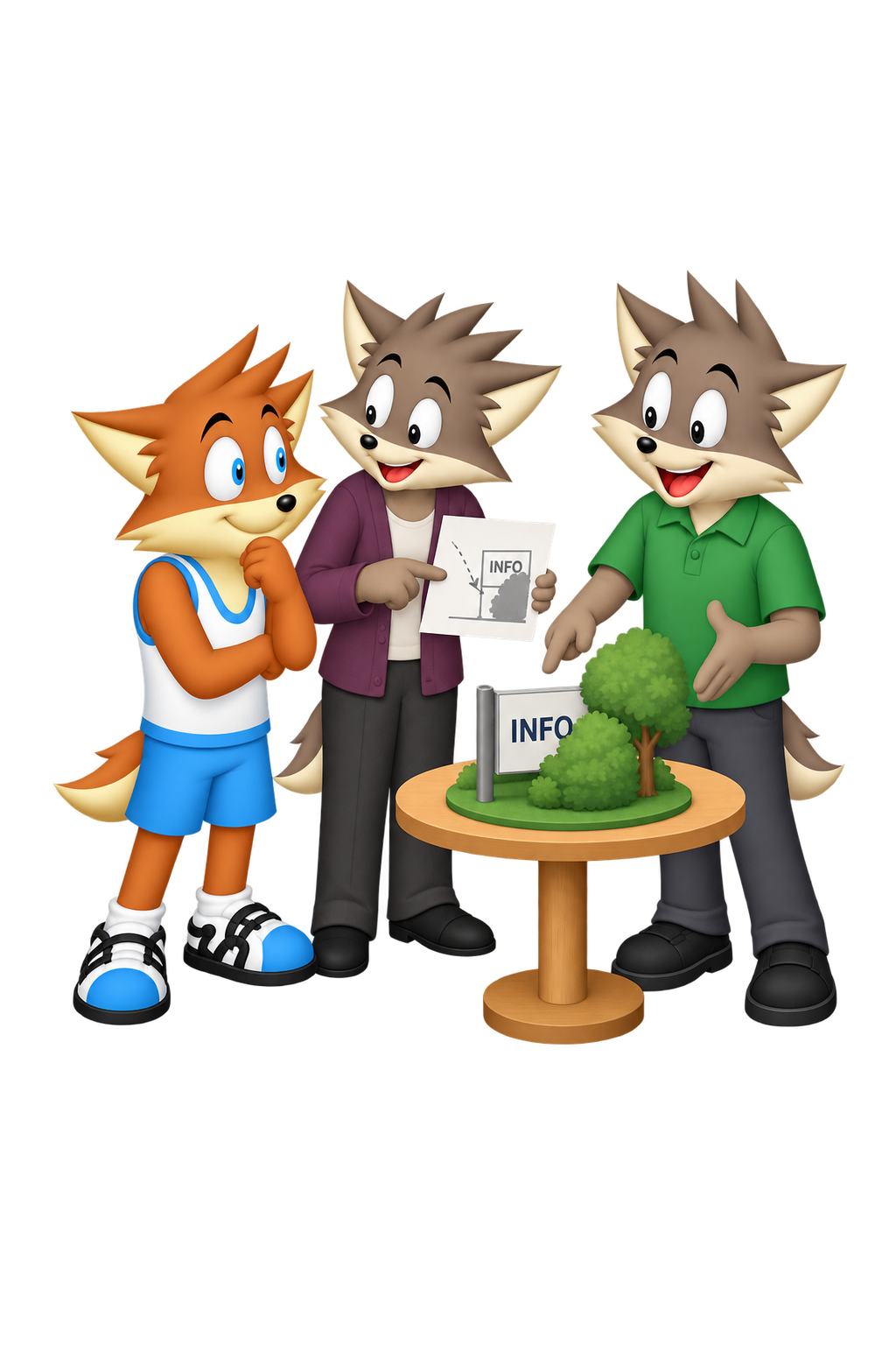 The mascot examines one colleague’s small sketch while another presents a revolving display that obscures an information sign.
