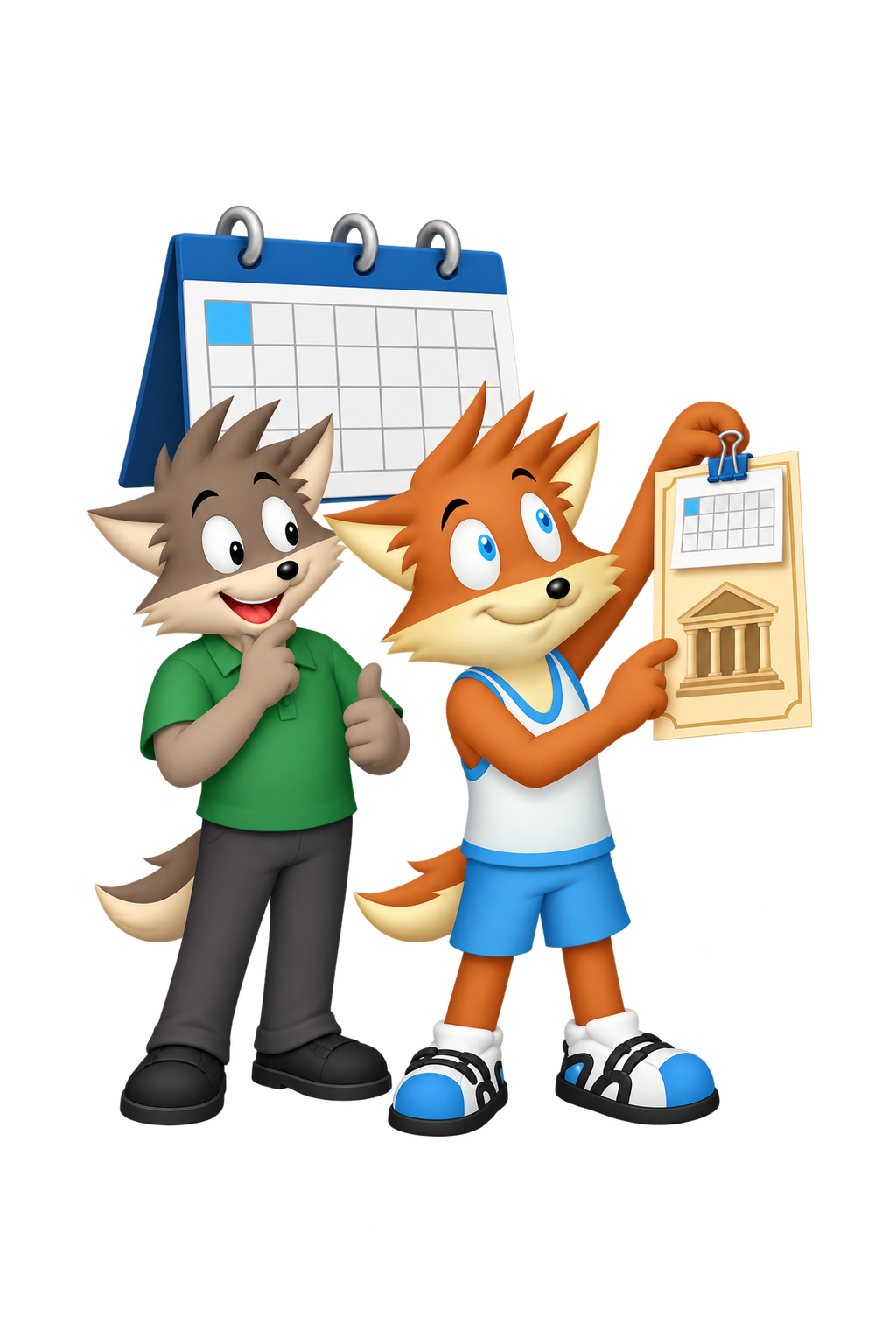 The mascot clips a calendar with one highlighted day to a museum notice while a companion gives a thumbs-up.