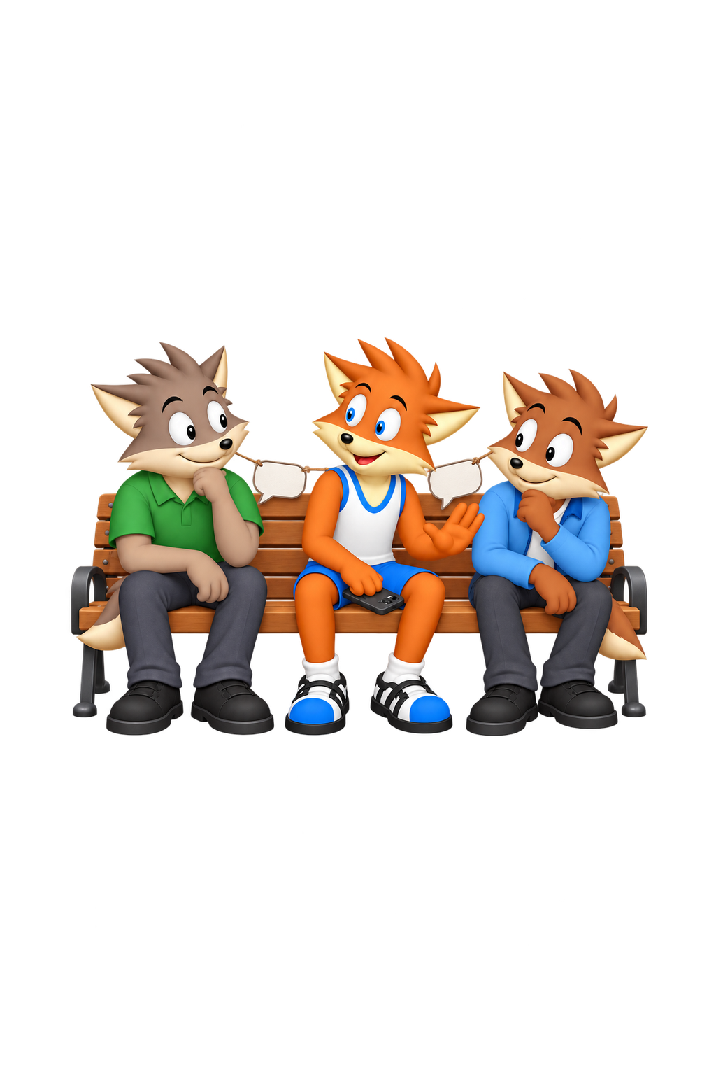 The mascot turns a phone face-down and raises an open palm between two adult companions on a bench; empty speech-bubble cards hang behind them.