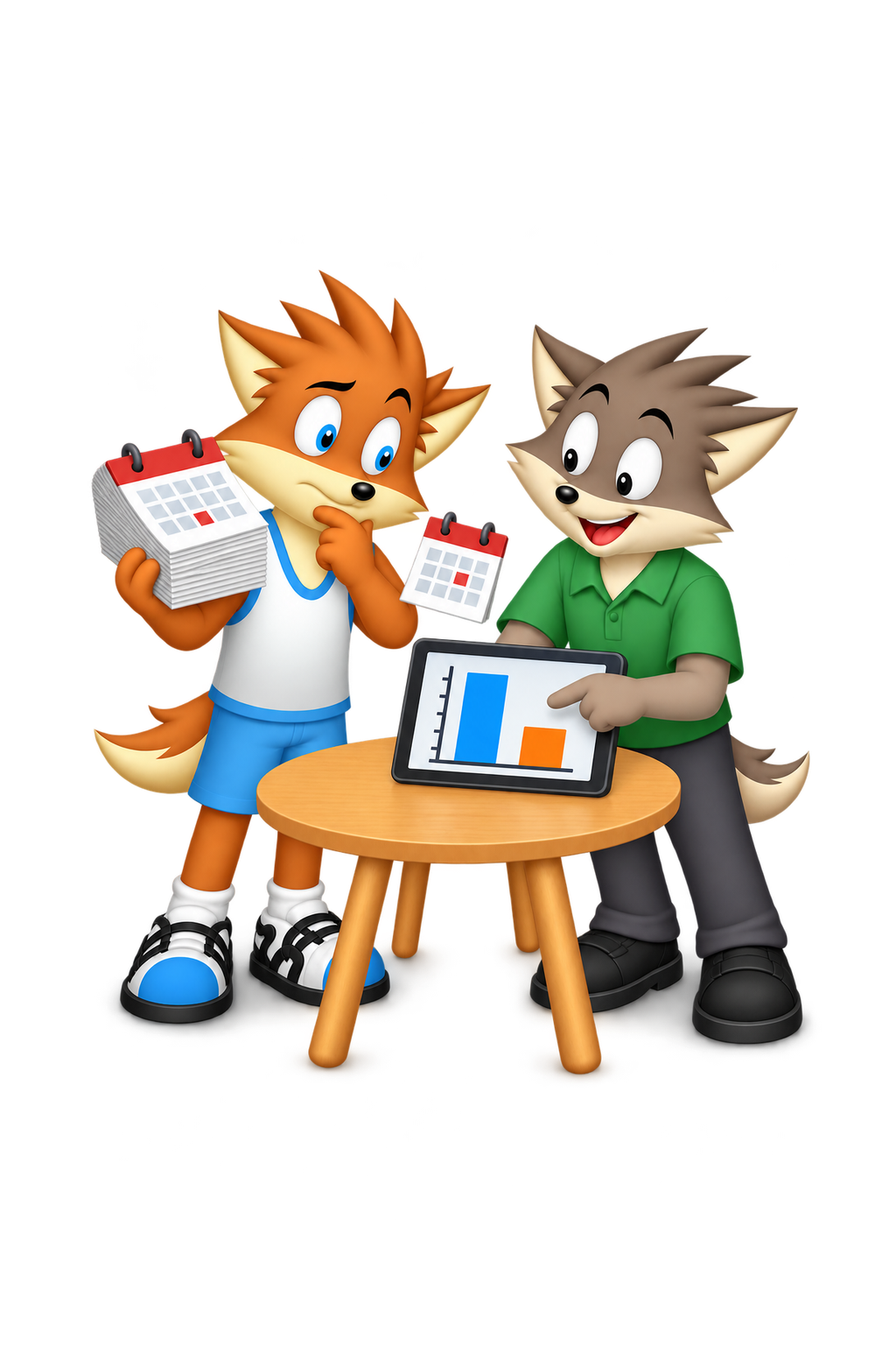 Two adult peers compare a tablet’s unequal bars with a thick calendar stack and a single calendar page at a low table.