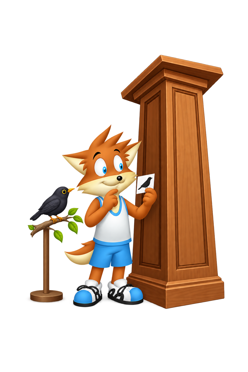 The mascot holds a blackbird identification card beside a blackbird on a complete perch and a comically oversized lectern.