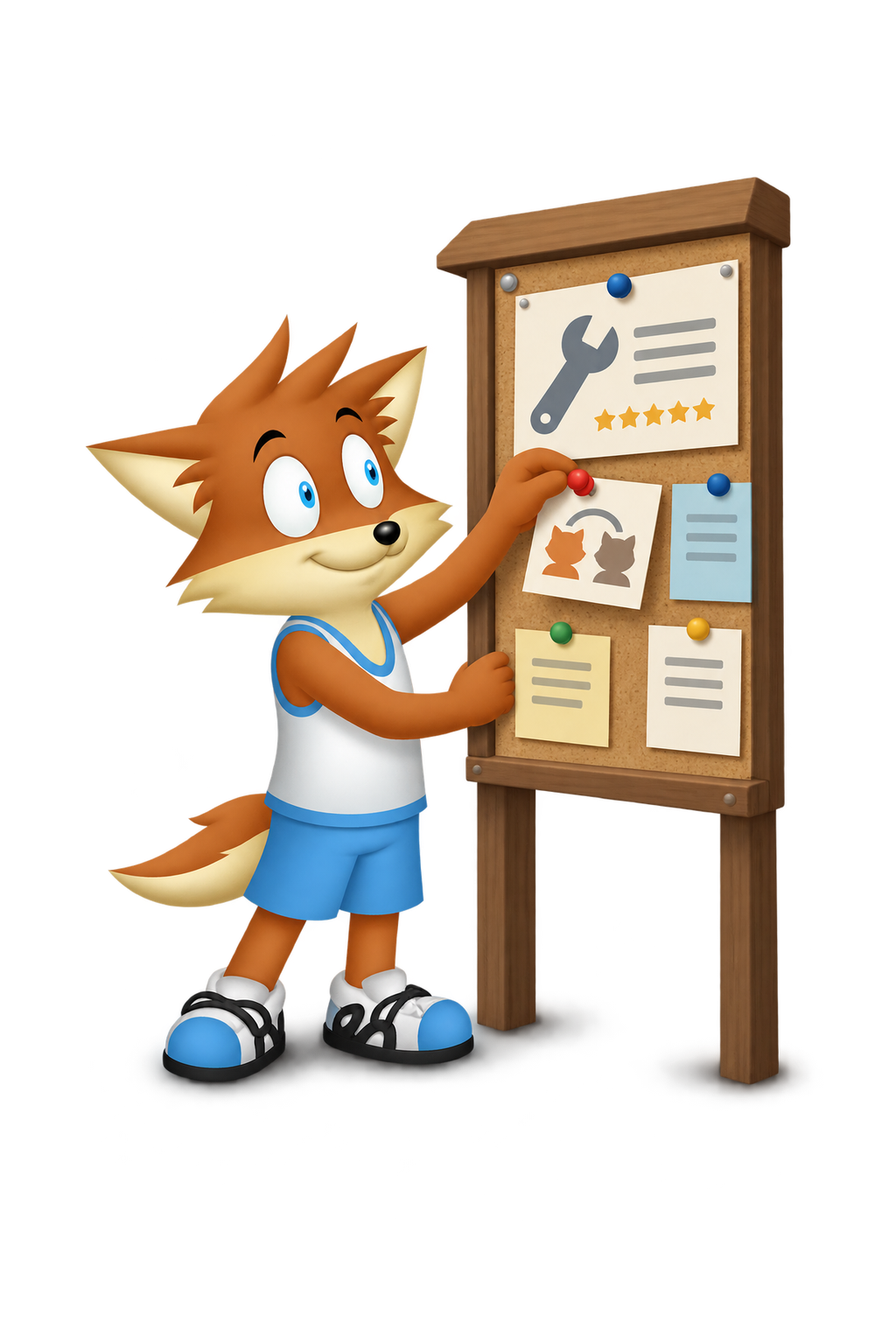 The mascot pins a card connecting two figures below a highly rated workshop notice on a shared board.