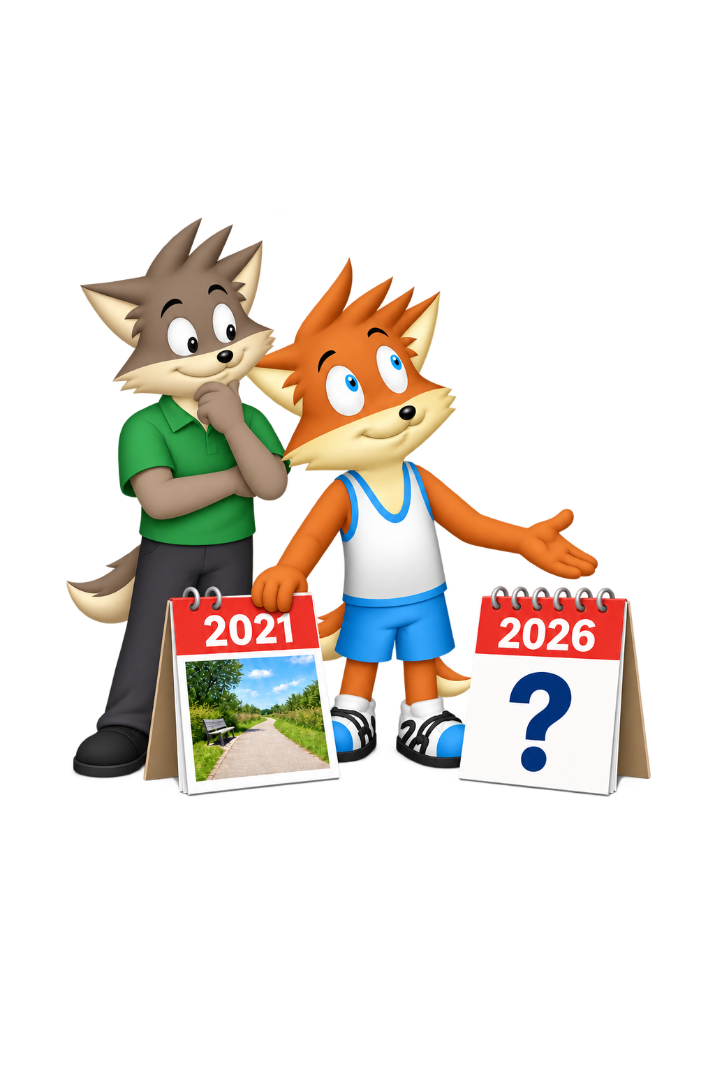 The mascot and a companion compare a path photograph dated 2021 with a 2026 calendar bearing a question mark.