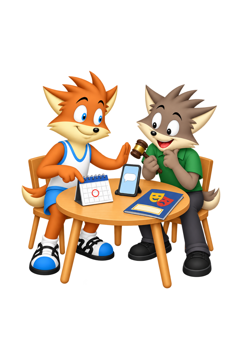 At a table with a theatre programme, the mascot points to a calendar and pauses a companion holding a toy gavel beside an empty reply bubble on a phone.