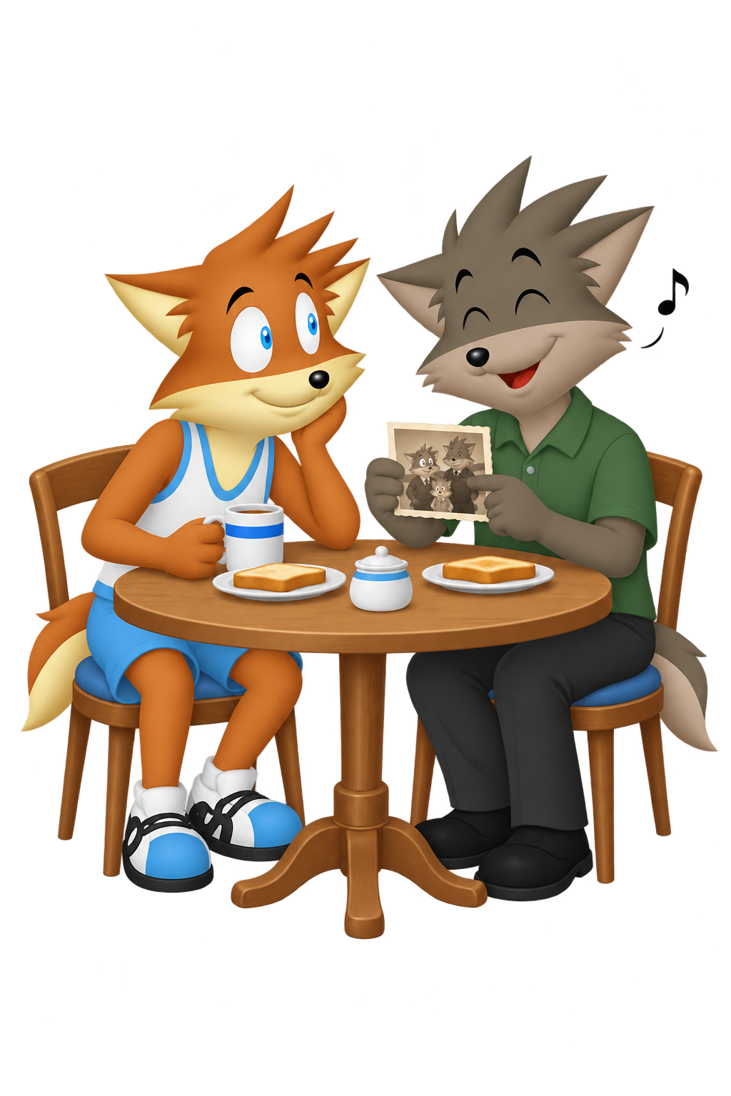 At breakfast, the grey partner sings while holding an old photograph; the orange partner listens with interest.