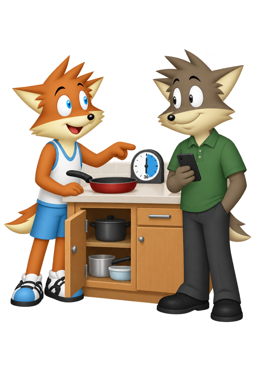 Beside a kitchen cupboard and pan, the orange partner speaks and gestures toward a clock while the grey partner holds a phone.