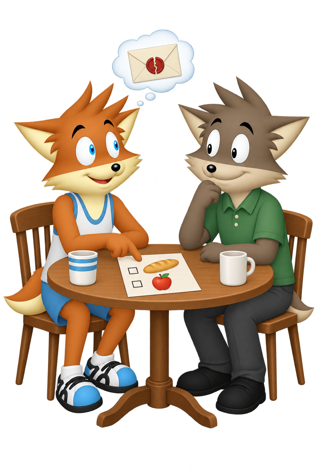 Two partners sit at breakfast beside a shopping list; the orange partner remembers an envelope with a broken seal.