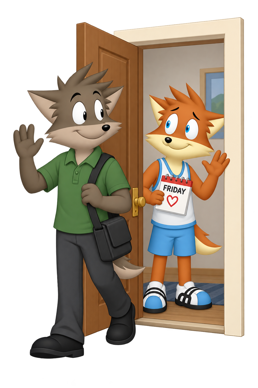 The grey partner leaves through an open doorway with a bag; the orange partner waves beside a Friday calendar marked with a heart.