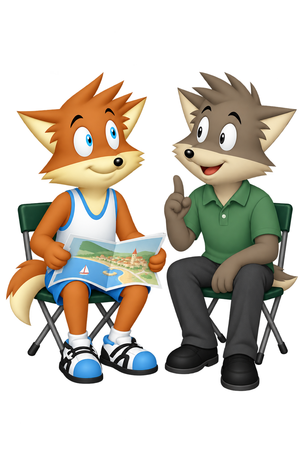 Two partners sit on folding chairs with a map; one raises a finger to explain while the other waits and listens.