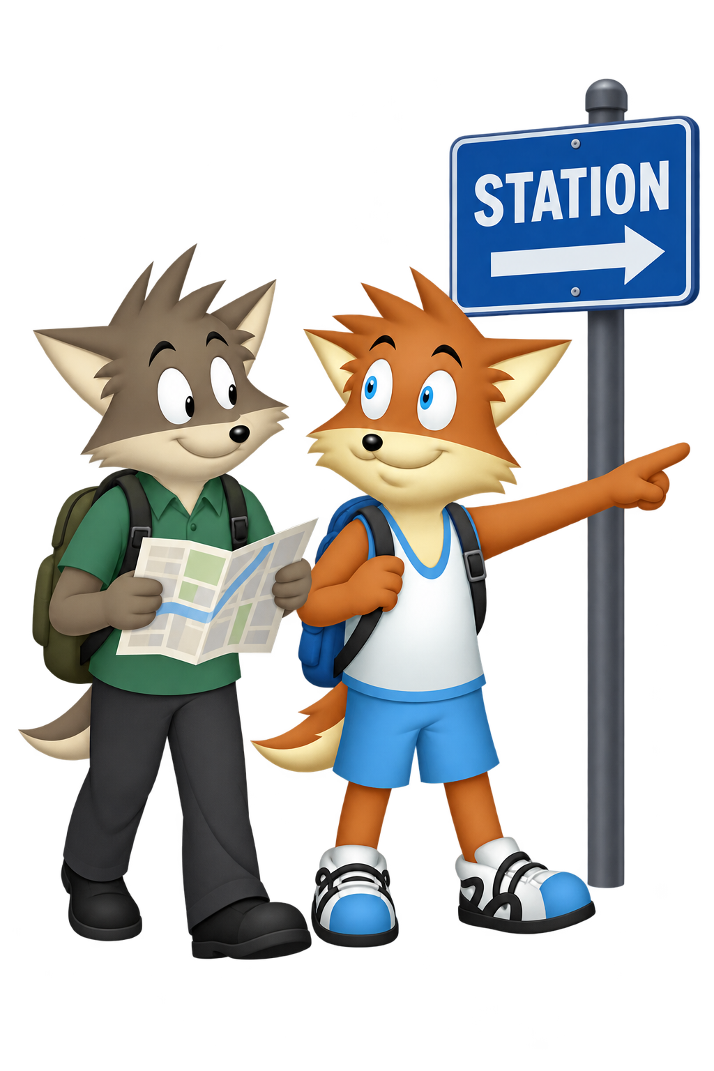 Beside a station sign, the grey partner holds a map while the orange partner points along the indicated route.