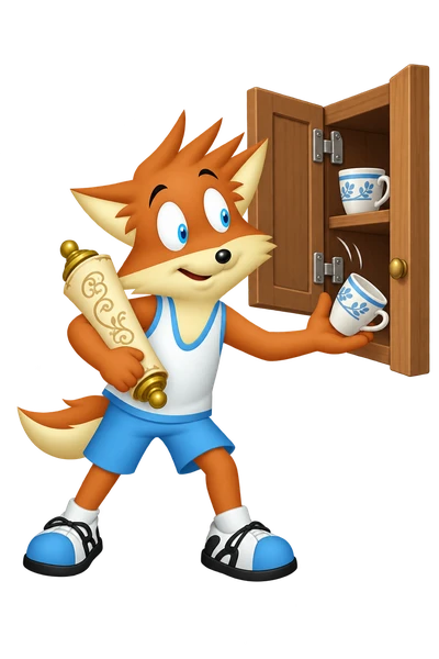 The orange mascot holds an ornate scroll and catches a tipped cup beside an open cupboard.