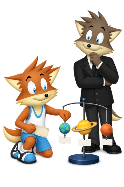 The orange mascot holds a small card beside an intact three-planet tabletop mobile and a second card.