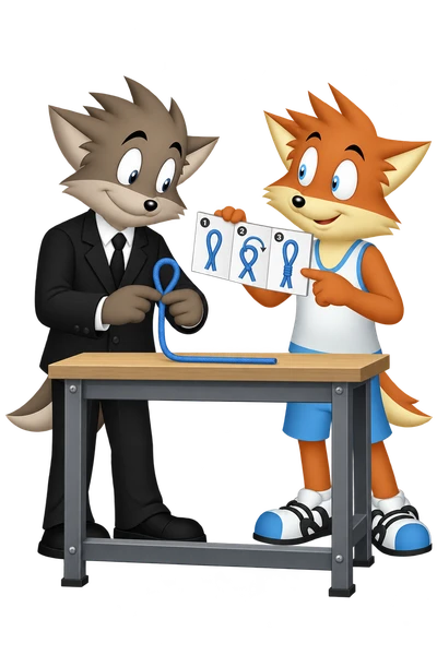 The orange mascot offers a small pictorial guide while a grey-brown companion tries a cord loop at a workbench.