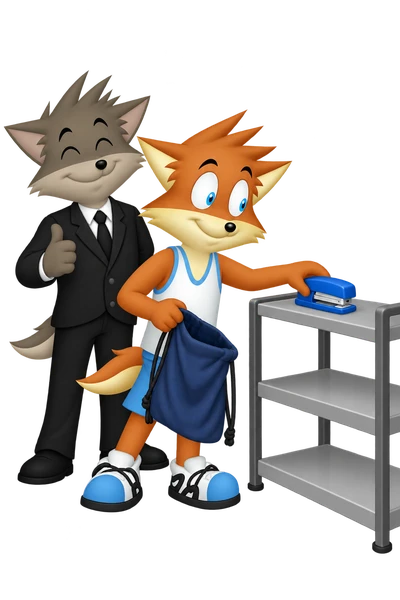 The orange mascot places a blue stapler from an open cloth bag onto a small shelf.