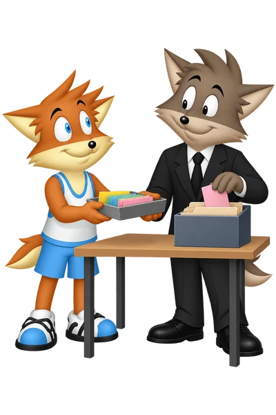 The orange mascot passes a tray of note cards to a grey-brown companion placing a card among folder dividers.