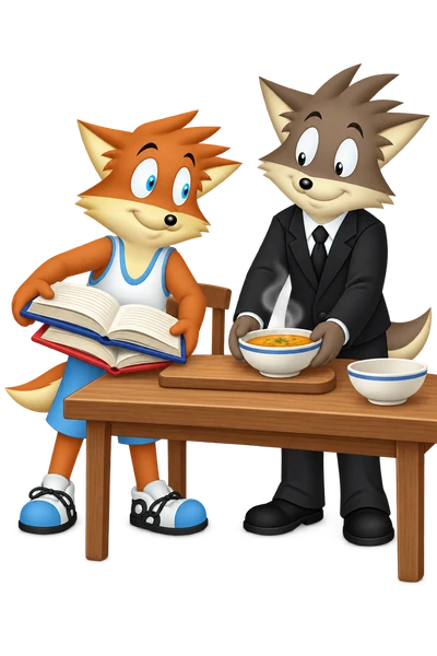The orange mascot moves open books aside as a grey-brown companion places soup on a serving board.