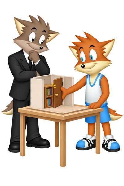 The orange mascot opens a miniature door against a bookcase on a room model beside a grey-brown companion.