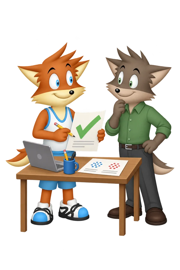 The mascot holds a draft with a large green checkmark and a pencil while a gray colleague considers two different groups of dots on a separate sheet.