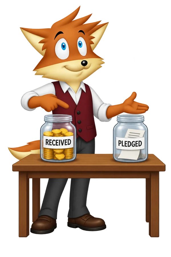 An orange fox distinguishes coins in a Received jar from a paper pledge in a second jar.