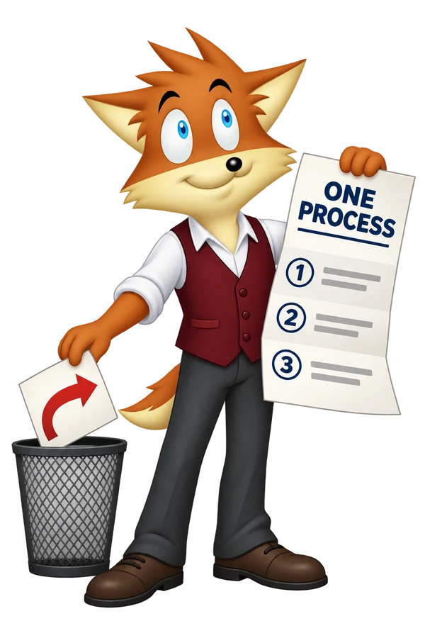 An orange fox unfolds a One Process sign and discards a shortcut arrow.