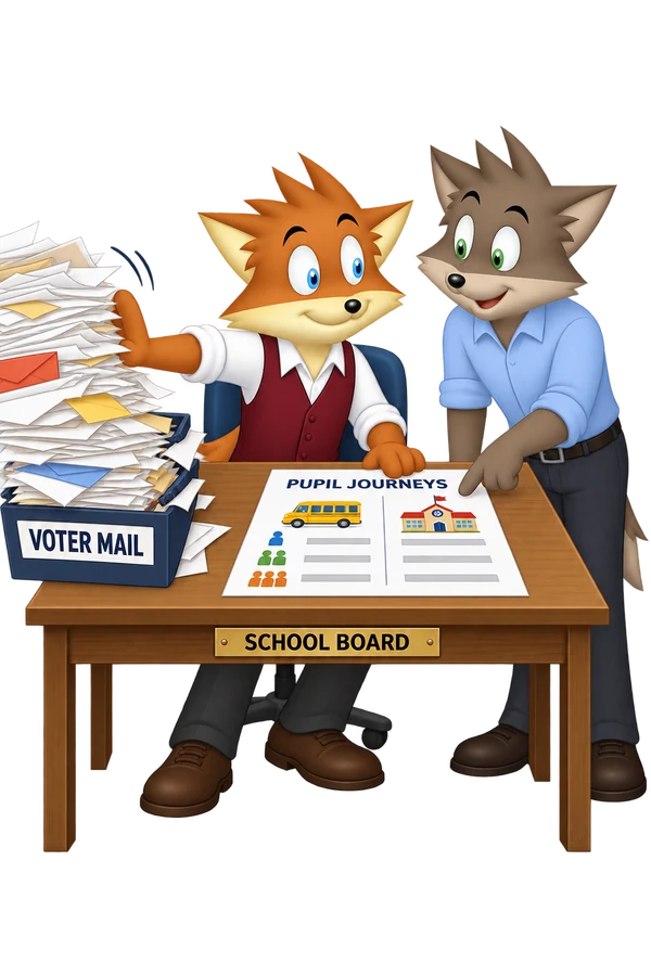 At a school-board desk, an orange member moves a large Voter Mail pile aside while a colleague points to a Pupil Journeys assessment.