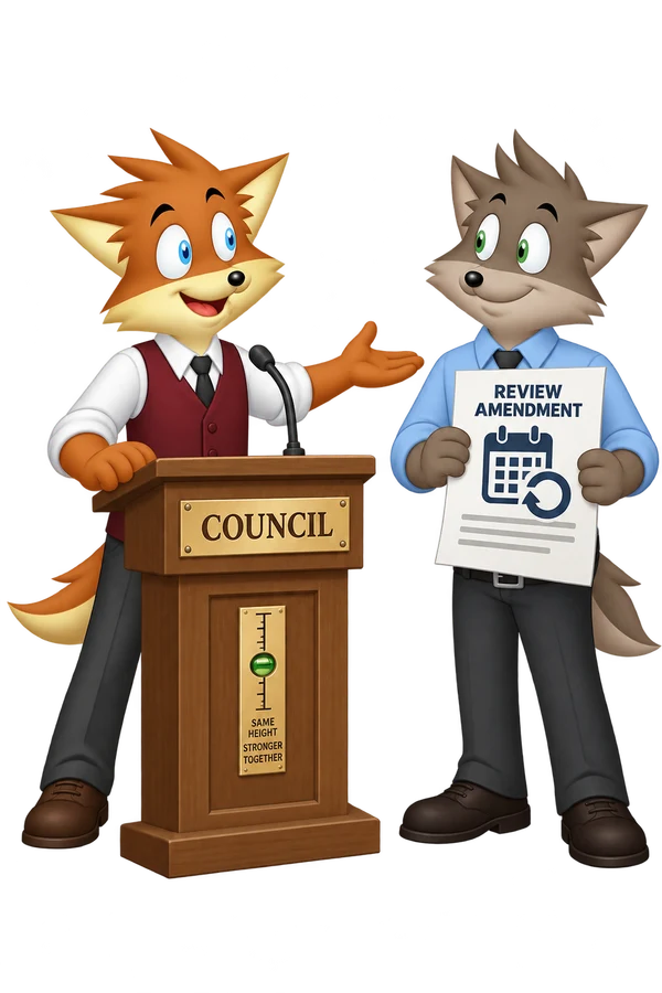 At a council lectern, an orange speaker gestures toward a colleague holding a calendar-shaped review amendment; a small scale marks the lectern’s unchanged height.