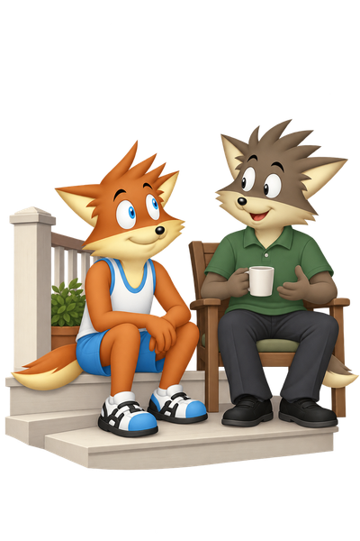 The orange mascot sits on a porch step facing a grey-brown neighbor seated with a cup.