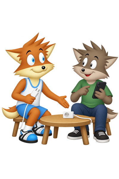 The orange mascot and grey-brown companion sit with phones beside a small table and a power socket.