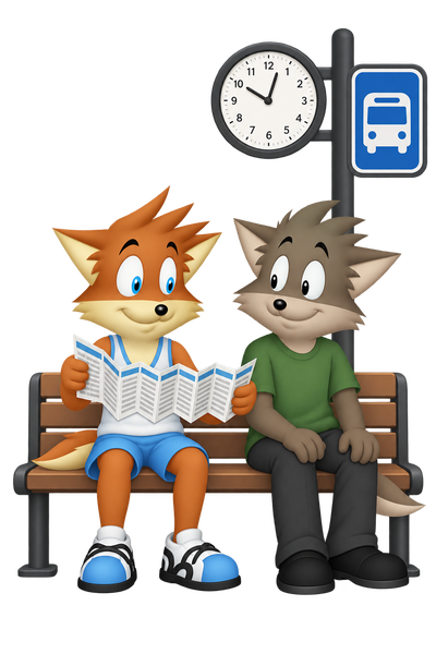 The orange mascot holds a folded timetable while seated with a grey-brown companion beneath a clock and bus sign.