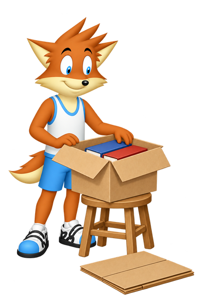 The orange mascot checks books in an open cardboard box on a stool; an unused folded box lies nearby.