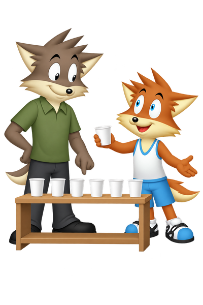 The orange mascot holds a cup beside a grey-brown companion and a table of clean cups.