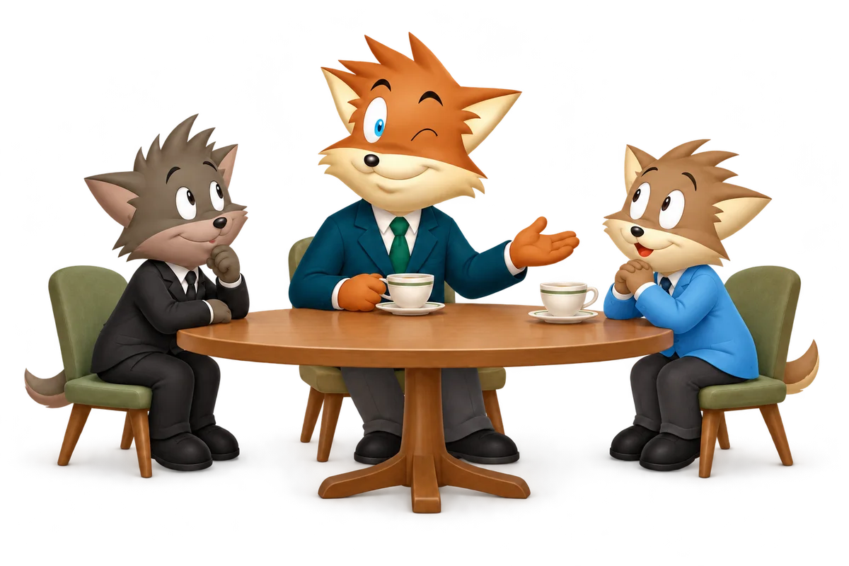Three feline characters begin a conversation around a round table.