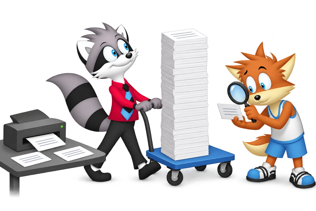 A grey raccoon pushes a cart piled with paper while an orange colleague examines one sheet through a magnifying glass.
